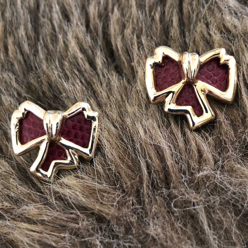 Vintage 50s red leather gold bow screw back clips